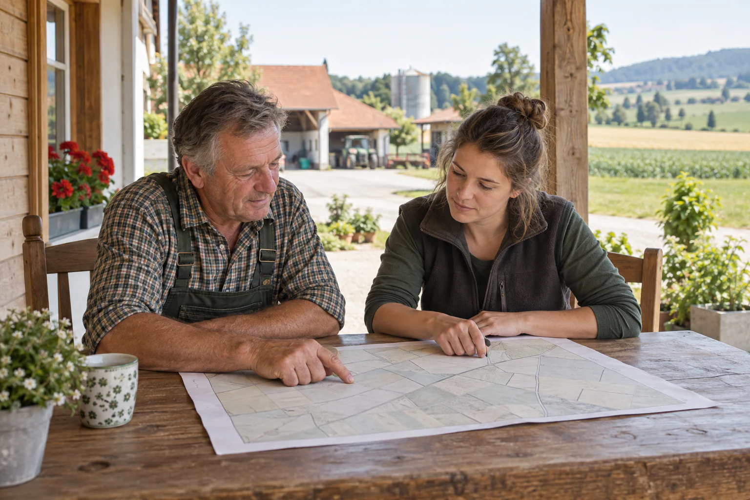 Landwirt und erwachsene Tochter besprechen an einem Holztisch eine Karte mit Ackerflächen